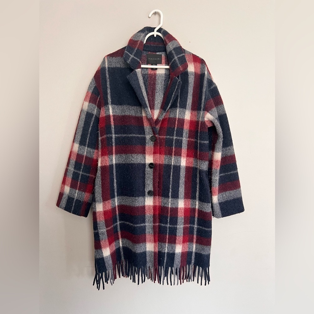 Tahari Blue Check Button Wool Blend Fringe Over Coat Size Large